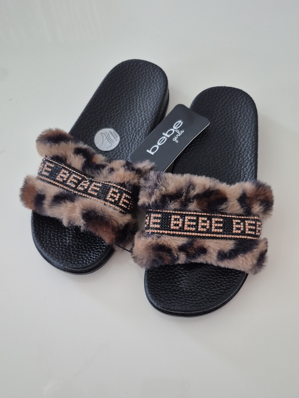 bebe Leopard Faux Fur Slide Sandals - Black, Tan